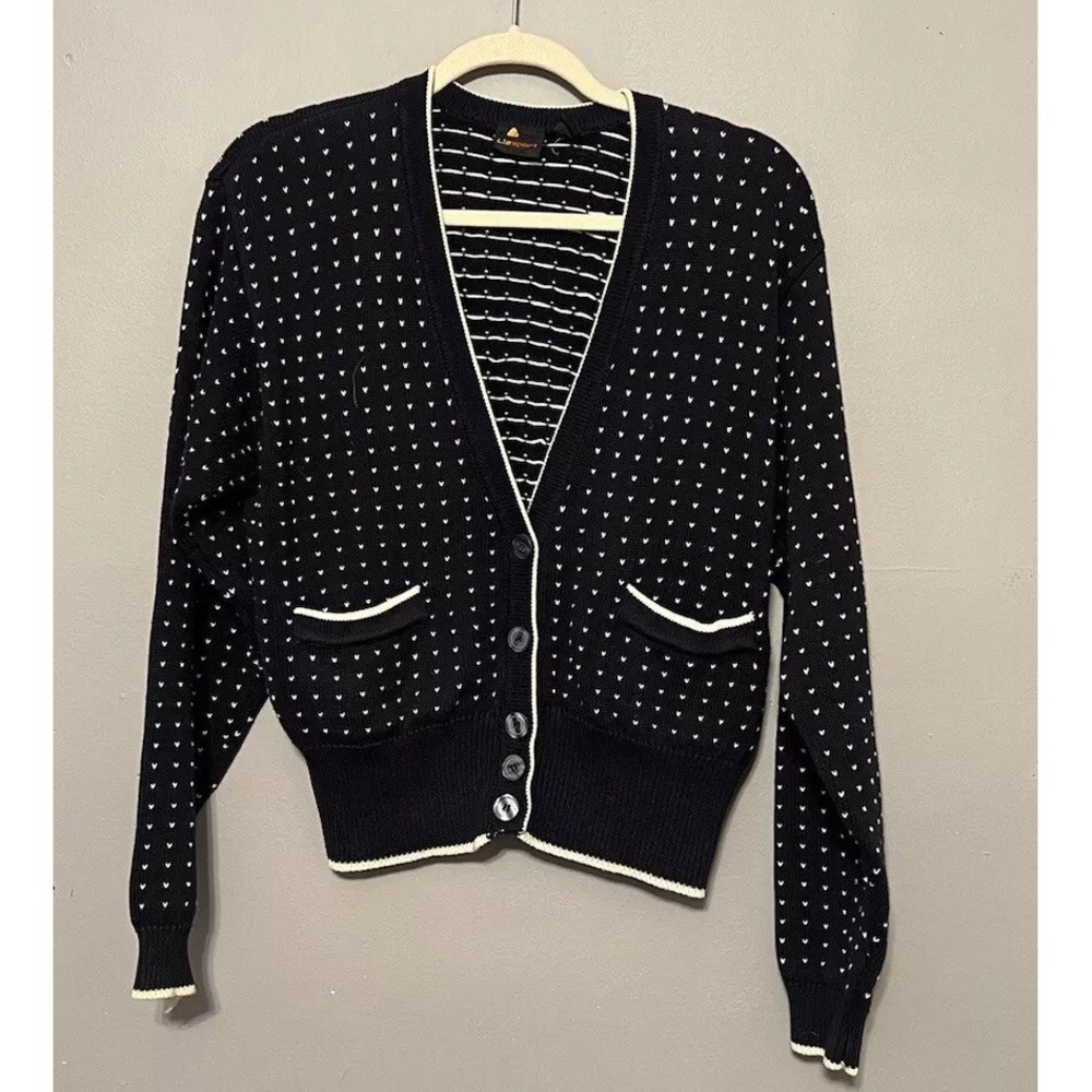 Vintage 90s Cardigan‎ Small Navy Blue Polka Dots Preppy Academia Granny Career